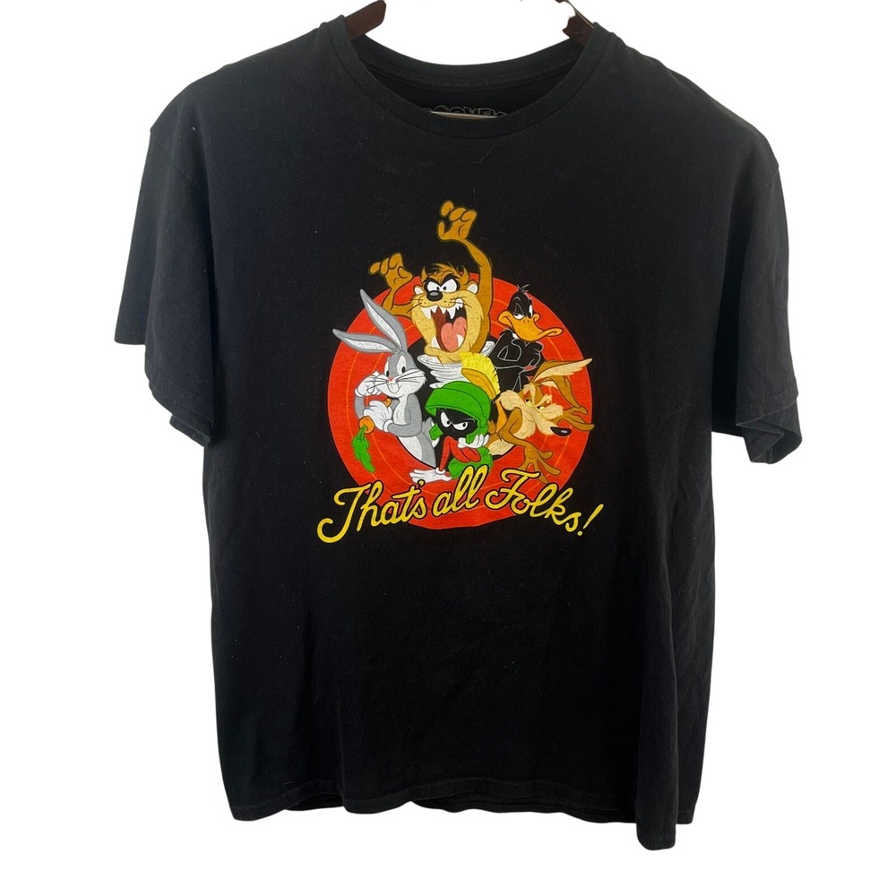 Looney Tunes Mens L TShirt Thats All Folks Bugs Bunny Taz Graphic Black Tee